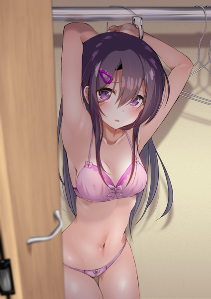 Anime picture 1447x2047 with original sarujie (broken monky) single long hair tall image looking at viewer blush fringe breasts open mouth light erotic hair between eyes purple eyes payot cleavage purple hair indoors blurry arms up armpit (armpits)