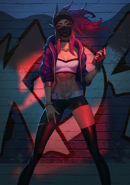 Anime picture 1200x1697 with league of legends k/da (league of legends) akali (league of legends) k/da akali c home single long hair tall image looking at viewer blue eyes standing purple hair ponytail nail polish open jacket midriff mmm graffiti girl thighhighs