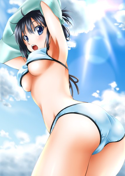 Anime picture 965x1350 with original sumeragi tomo tall image looking at viewer blush short hair breasts open mouth blue eyes light erotic black hair large breasts sky cloud (clouds) ass looking back sunlight arms up bare belly armpit (armpits)