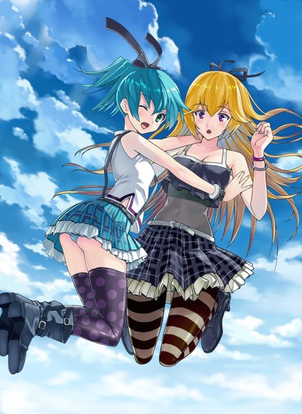 Anime picture 2552x3504 with gaou (umaiyo puyoman) long hair tall image highres blonde hair purple eyes multiple girls green eyes absurdres sky cloud (clouds) one eye closed green hair wink jumping girl thighhighs skirt 2 girls miniskirt