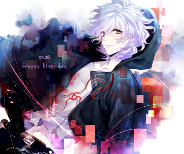 Anime picture 1100x925 with dangan ronpa super dangan ronpa 2 komaeda nagito mery (yangmalgage) single looking at viewer blush short hair smile purple hair inscription grey eyes wavy hair pale skin happy birthday boy hood