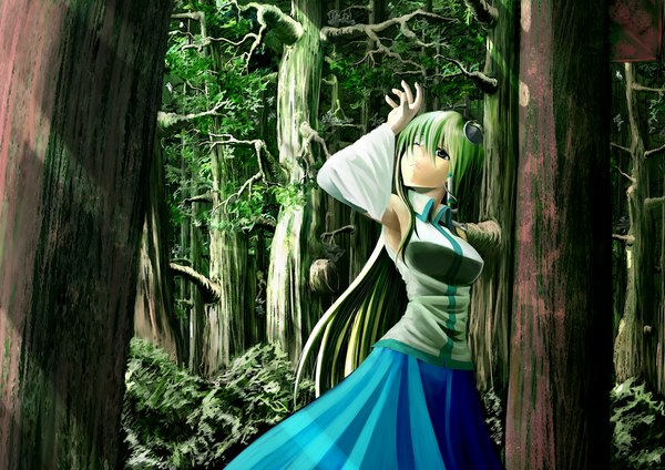 Anime picture 1697x1200 with touhou kochiya sanae marubororaito single long hair green eyes one eye closed green hair wink girl plant (plants) detached sleeves tree (trees) hair tubes forest snake frog