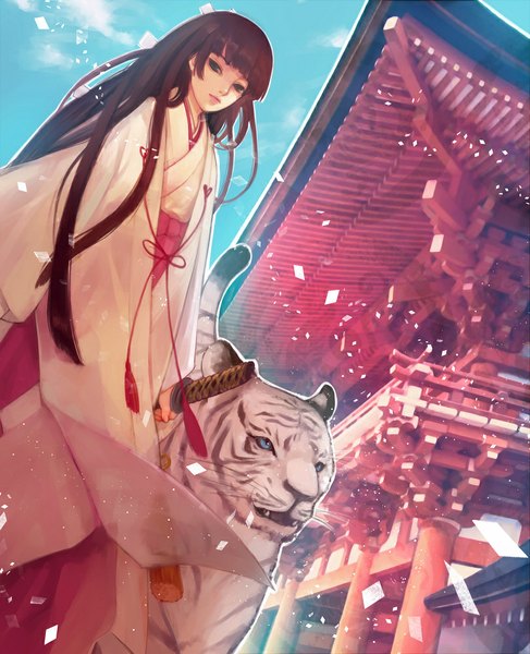 Anime picture 811x1000 with original fukawa (pixiv) single long hair tall image looking at viewer fringe brown hair holding green eyes sky cloud (clouds) traditional clothes japanese clothes from below girl weapon animal sword katana