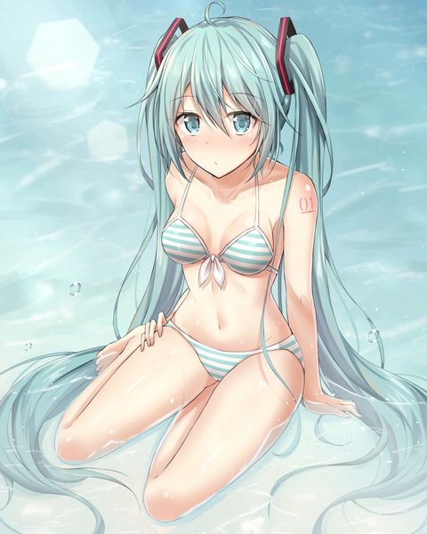 Anime picture 800x1000 with vocaloid hatsune miku akira (been0328) single tall image looking at viewer blush fringe breasts light erotic hair between eyes sitting twintails bare shoulders cleavage ahoge very long hair aqua eyes aqua hair arm support