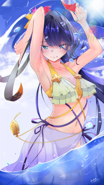 Anime picture 756x1344 with epic seven bellona (epic7) inana123 single long hair tall image looking at viewer blush fringe breasts light erotic standing holding signed blue hair sky cleavage cloud (clouds) outdoors blunt bangs