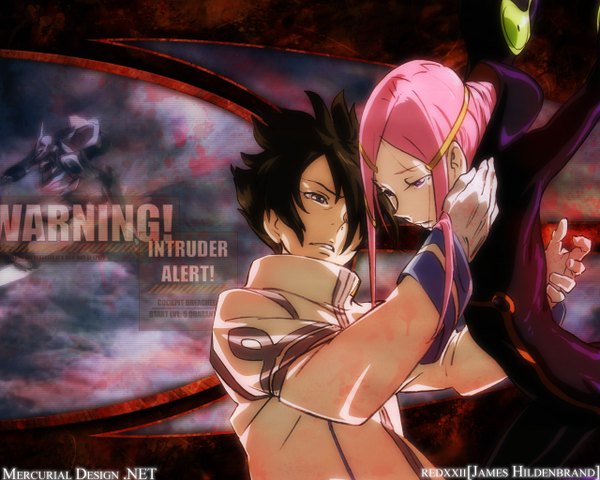 Anime picture 1280x1024 with eureka seven studio bones anemone dominic sorel theend james hildenbrand (redxxii) blue eyes black hair signed pink hair wallpaper third-party edit girl boy gloves white gloves pilot suit