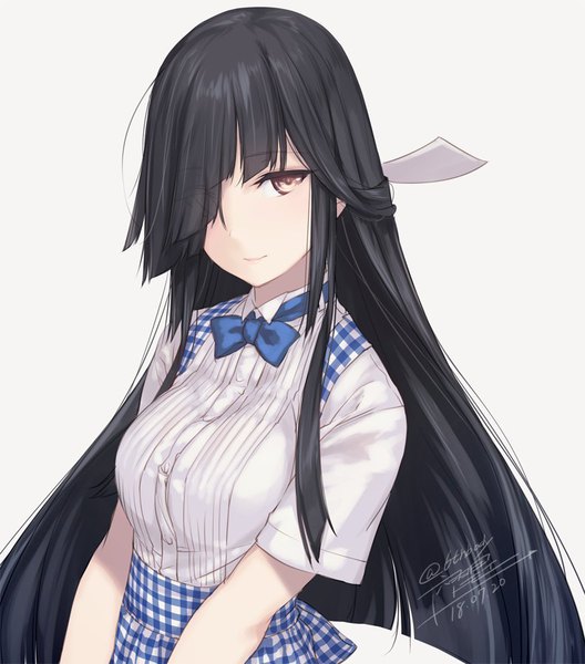 Anime picture 792x900 with kantai collection kobeya hayashimo destroyer rokuwata tomoe single long hair tall image looking at viewer fringe black hair simple background white background brown eyes signed upper body hair over one eye twitter username dated girl uniform
