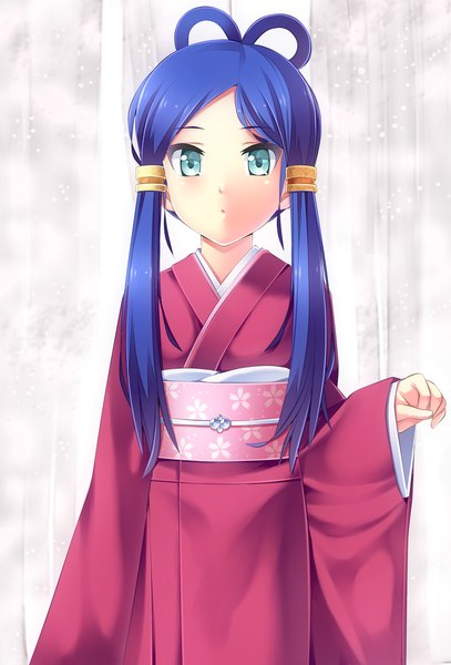 Anime picture 1900x2800 with original komimiyako single long hair tall image looking at viewer highres blue eyes twintails blue hair traditional clothes japanese clothes girl hair ornament kimono obi