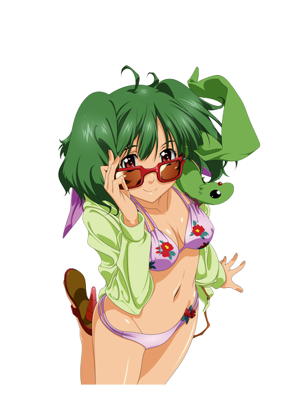Anime picture 3437x4923 with macross macross frontier ranka lee mike-rmb single tall image highres short hair light erotic smile red eyes absurdres ahoge green hair transparent background vector girl swimsuit bikini sunglasses