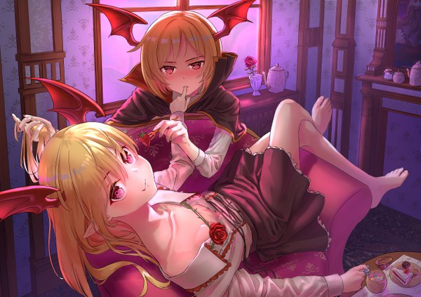 Anime picture 5016x3541 with granblue fantasy vampy veight kaikaiseisei999 long hair looking at viewer blush fringe highres short hair light erotic blonde hair smile hair between eyes red eyes holding absurdres full body indoors barefoot