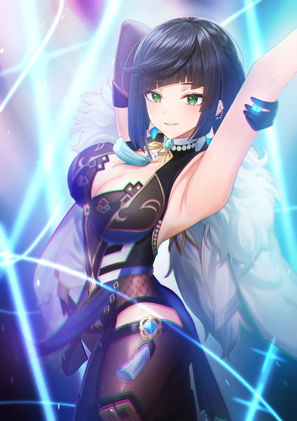 Anime picture 1060x1500 with genshin impact yelan (genshin impact) chisi single tall image fringe short hair breasts light erotic black hair large breasts green eyes cleavage blunt bangs light smile arms up armpit (armpits) girl vision (genshin impact) dice
