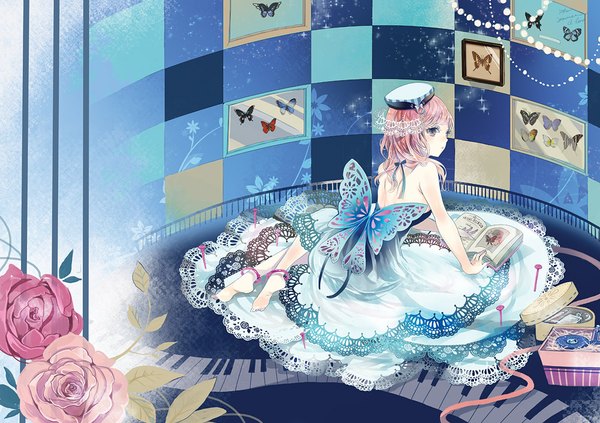 Anime picture 1000x706 with original sakuragi kei single long hair sitting bare shoulders pink hair pink eyes looking back barefoot back checkered girl dress flower (flowers) hat bracelet book (books) insect butterfly