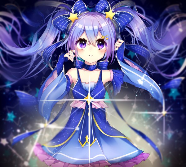 Anime picture 2000x1800 with vocaloid star night snow (vocaloid) hatsune miku yuki miku yuki miku (2017) motsuni (lxxe1120) single blush fringe highres open mouth hair between eyes twintails purple eyes purple hair very long hair parted lips blurry wide sleeves sparkle