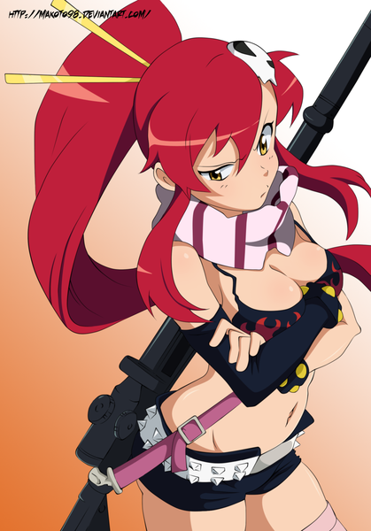 Anime-Bild 1396x2000 mit tengen toppa gurren lagann gainax yoko littner makoto98 single long hair tall image light erotic yellow eyes ponytail red hair midriff coloring crossed arms orange background girl navel hair ornament shorts belt