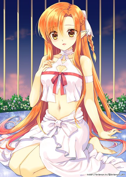 Anime-Bild 600x847 mit sword art online a-1 pictures yuuki asuna titania (alo) trianon single long hair tall image fringe sitting bare shoulders yellow eyes braid (braids) barefoot pointy ears orange hair arm support sparkle midriff hand on chest