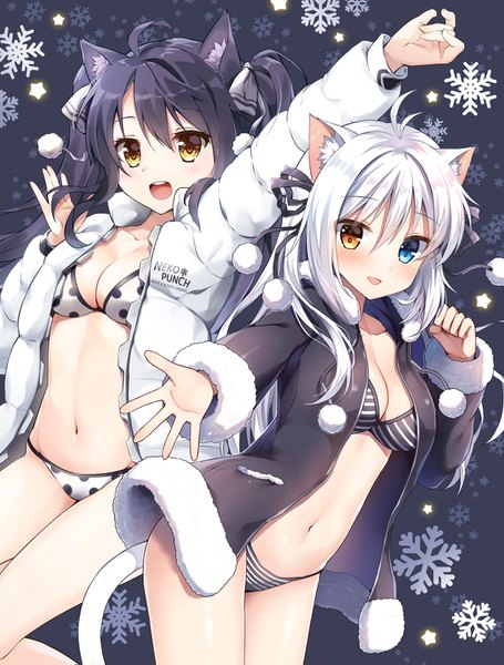 Anime picture 1140x1503 with original aina rive mauve long hair tall image blush fringe breasts open mouth light erotic black hair hair between eyes twintails multiple girls animal ears yellow eyes ahoge white hair tail animal tail