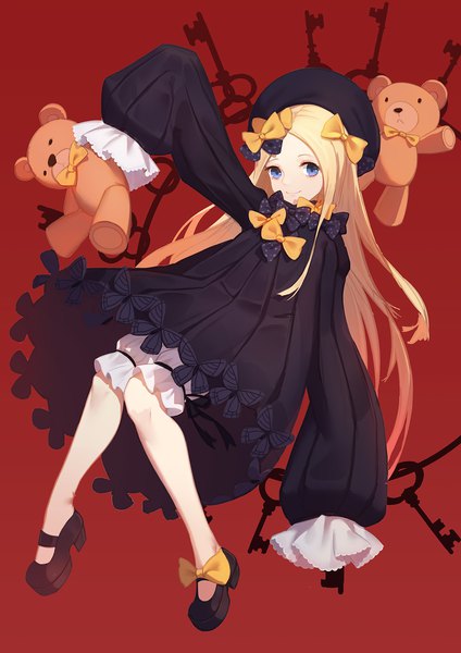 Anime picture 1240x1754 with fate (series) fate/grand order abigail williams (fate) sannye single long hair tall image looking at viewer blue eyes blonde hair smile full body long sleeves red background girl dress bow hair bow hat black dress