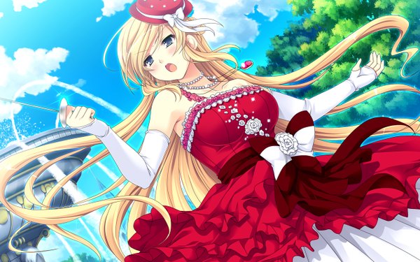 Anime-Bild 1280x800 mit shitsuji ga aruji wo erabu toki amelia rose brettingham ankoromochi single long hair blush open mouth blue eyes blonde hair holding game cg cloud (clouds) dutch angle girl dress gloves flower (flowers) bow weapon plant (plants)