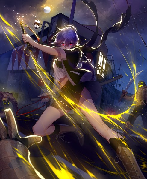 Anime picture 900x1098 with original tayuya1130 single tall image looking at viewer short hair red eyes blue hair cloud (clouds) night battle girl skirt weapon sword boots katana moon