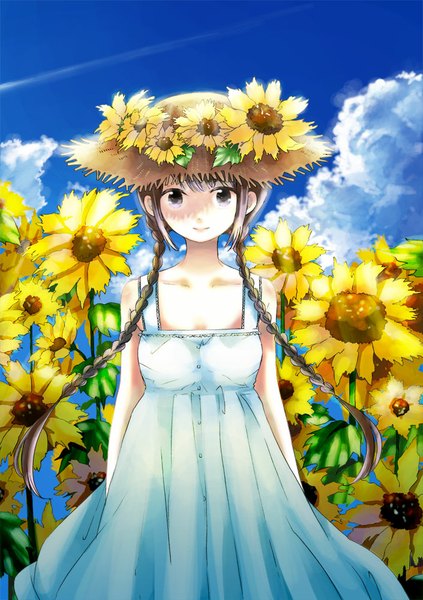 Anime-Bild 705x1000 mit original sugano manami single long hair tall image looking at viewer blush fringe breasts smile brown hair purple eyes sky cloud (clouds) girl dress flower (flowers) hat sundress straw hat