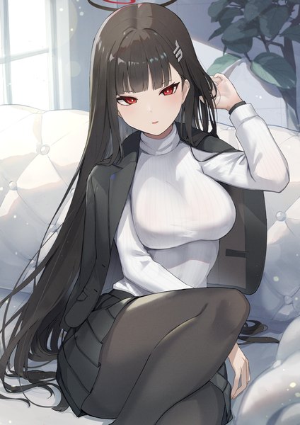 Anime picture 1000x1416 with blue archive rio (blue archive) isegawa yasutaka single long hair tall image looking at viewer fringe breasts open mouth black hair red eyes sitting bent knee (knees) indoors blunt bangs long sleeves pleated skirt arm up clothes on shoulders
