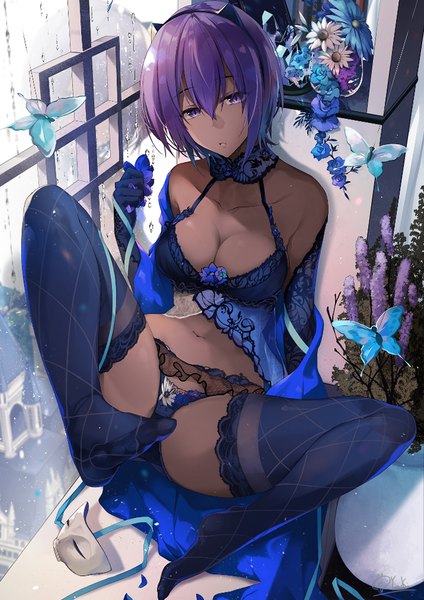 Anime picture 707x1000 with fate (series) fate/grand order fate/prototype: fragments of blue and silver fate/prototype hassan of serenity (fate) hirai yuzuki single tall image looking at viewer fringe short hair breasts open mouth light erotic hair between eyes large breasts sitting purple eyes bare shoulders holding