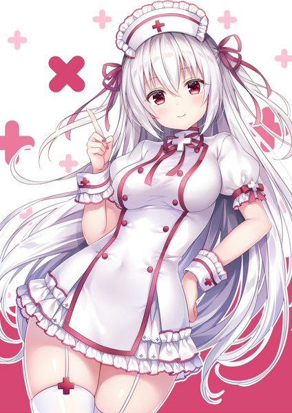 Anime picture 707x1000 with original mitsuba choco single long hair tall image looking at viewer blush fringe breasts simple background smile hair between eyes red eyes standing white background payot silver hair nail polish fingernails short sleeves