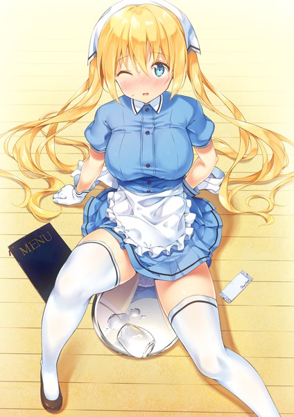 Anime picture 849x1200 with blend s a-1 pictures hinata kaho kazuma (kazumav) single long hair tall image looking at viewer blush fringe breasts open mouth light erotic blonde hair hair between eyes large breasts sitting twintails payot full body