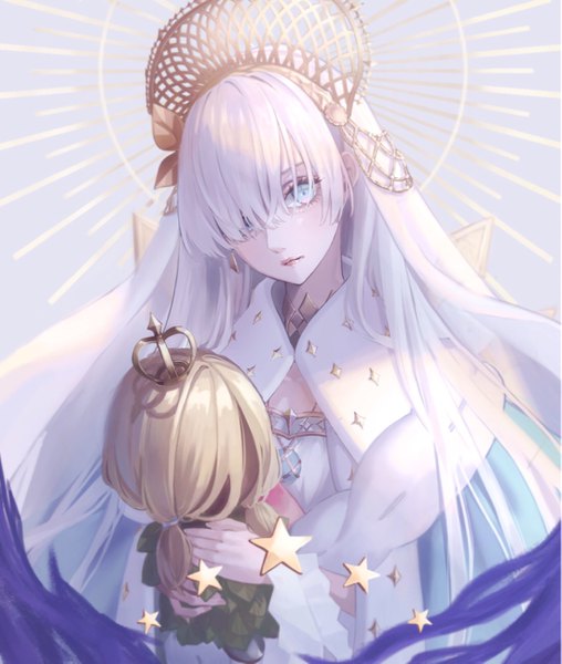 Anime picture 1097x1295 with fate (series) fate/grand order anastasia (fate) viy (fate) magako single long hair tall image looking at viewer fringe blue eyes holding upper body white hair hair over one eye girl star (symbol) crown mantle