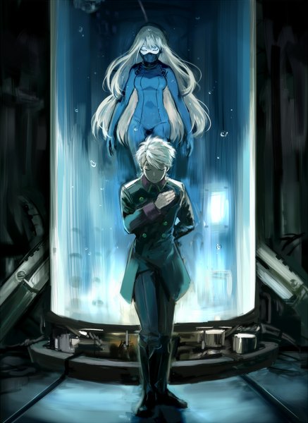 Anime picture 729x1000 with aldnoah.zero a-1 pictures slaine troyard asseylum vers allusia ichinose777 long hair tall image fringe short hair blonde hair standing full body indoors eyes closed hand on chest underwater double buttons spoilers girl boy