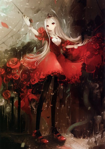 Anime picture 2467x3504 with original algl rolando asahiro single long hair tall image looking at viewer highres blonde hair red eyes scan girl dress gloves flower (flowers) petals pantyhose shoes white gloves