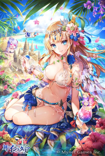 Anime picture 1000x1490 with age of ishtaria nemusuke long hair tall image looking at viewer breasts blue eyes light erotic blonde hair large breasts sitting multiple girls sky purple hair cloud (clouds) bent knee (knees) outdoors hair flower light smile official art