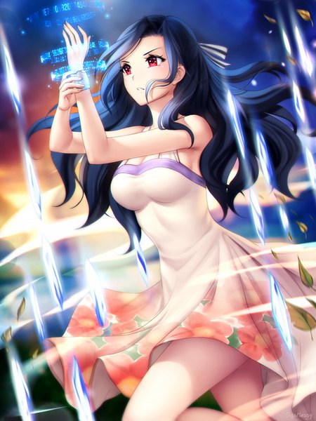 Anime-Bild 750x1000 mit mahouka koukou no rettousei saegusa mayumi gigamessy single long hair tall image fringe breasts black hair red eyes large breasts standing bare shoulders signed looking away bent knee (knees) parted lips wind bare legs dutch angle