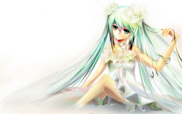 Anime picture 1280x800 with vocaloid hatsune miku bison cangshu single wide image white background green eyes hair flower green hair girl dress hair ornament flower (flowers) white dress