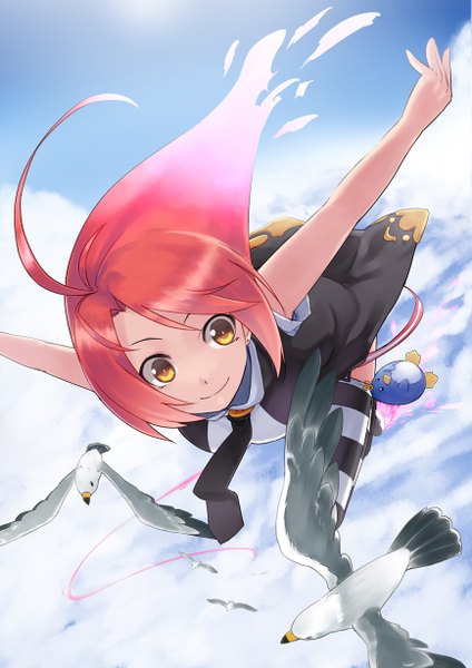 Anime picture 868x1228 with original tokumaro single long hair tall image looking at viewer highres smile brown eyes pink hair sky cloud (clouds) ahoge spread arms flying girl thighhighs animal necktie bird (birds)