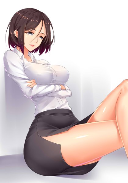 Anime picture 2000x2857 with original yi mian single tall image highres short hair breasts blue eyes light erotic brown hair large breasts sitting looking away parted lips crossed legs covered nipples crossed arms side slit open collar girl