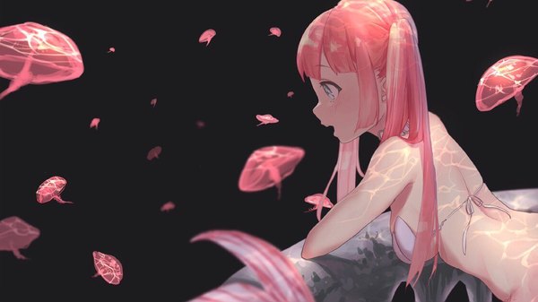 Anime picture 1124x633 with original uni (melm) single long hair blush fringe open mouth light erotic simple background wide image twintails bare shoulders payot pink hair upper body blunt bangs profile blurry depth of field sideboob