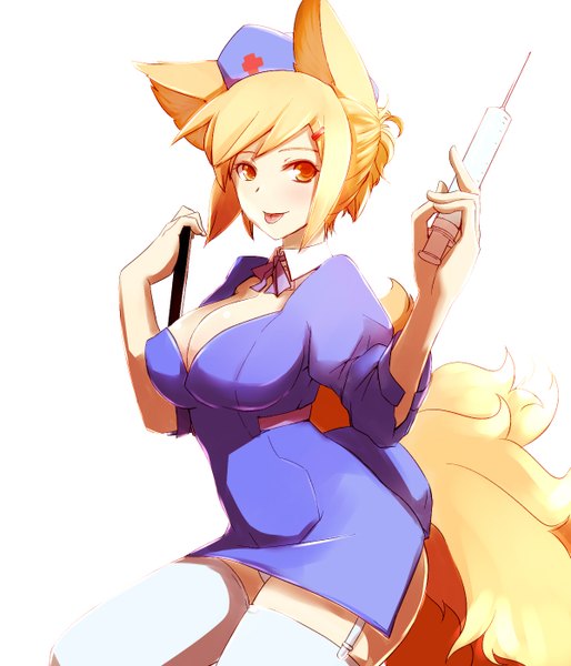 Anime picture 1200x1400 with touhou yakumo ran dearmybrothers single long hair tall image breasts light erotic simple background blonde hair large breasts white background holding animal ears cleavage fox ears fox tail fox girl multiple tails girl