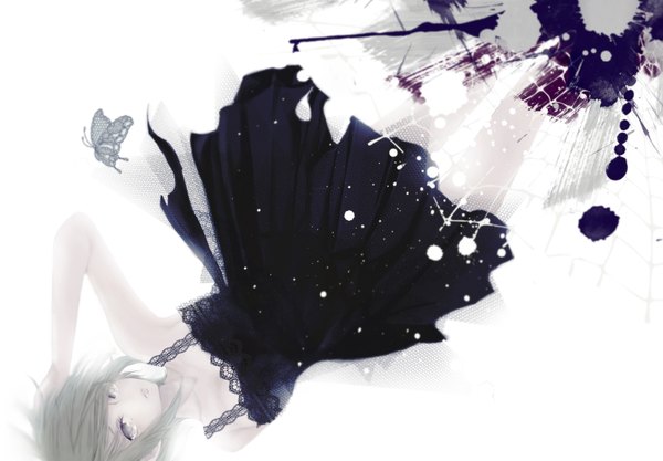 Anime picture 1600x1113 with vocaloid gumi penchop single fringe short hair grey hair grey eyes alternate costume upside down girl dress black dress insect butterfly