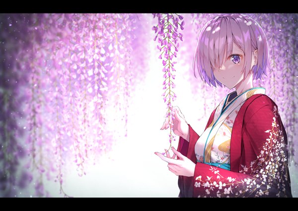 Anime picture 2894x2047 with fate (series) fate/grand order mash kyrielight yoro kurenai single looking at viewer blush fringe highres short hair smile purple eyes pink hair upper body traditional clothes japanese clothes hair over one eye alternate costume letterboxed girl