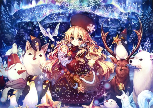 Anime picture 3300x2331 with original eshi 100-nin ten akabane (zebrasmise) long hair looking at viewer highres blonde hair yellow eyes absurdres traditional clothes scan winter blush stickers constellation aurora borealis girl dress gloves hat animal