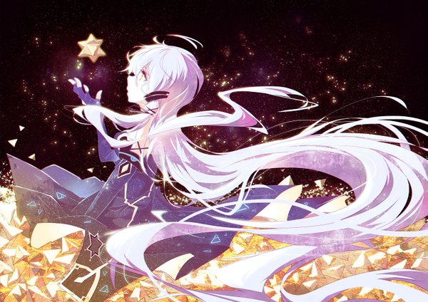 Anime picture 1403x992 with vocaloid xingchen litsvn single fringe yellow eyes purple hair ahoge very long hair profile wind outstretched arm looking up tress ribbon girl dress gloves ribbon (ribbons) hair ribbon elbow gloves