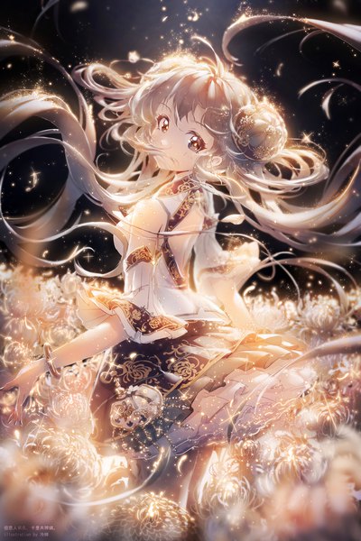 Anime-Bild 1333x2000 mit vocaloid hatsune miku lengchan (fu626878068) single long hair tall image looking at viewer blush fringe breasts blonde hair hair between eyes twintails bare shoulders brown eyes signed ahoge nail polish looking back hair flower