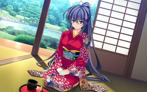 Anime picture 1280x800 with shitsuji ga aruji wo erabu toki maki gold wienberg satou satoru long hair blush blue eyes black hair wide image game cg ponytail traditional clothes japanese clothes girl kimono obi