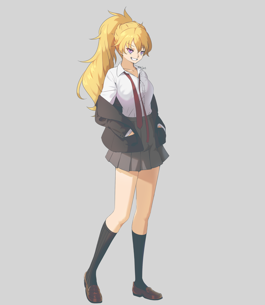 Anime picture 2000x2300 with rwby rooster teeth yang xiao long ar jart single long hair tall image looking at viewer fringe highres simple background smile hair between eyes standing purple eyes signed full body ponytail pleated skirt grey background