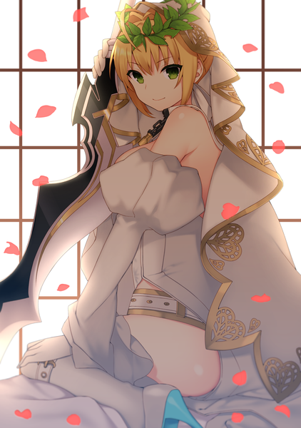 Anime picture 2549x3624 with fate (series) fate/extra fate/extra ccc nero claudius (fate) (all) nero claudius (bride) (fate) lio (rumei2265874644) single tall image looking at viewer fringe highres short hair light erotic blonde hair sitting bare shoulders holding green eyes ahoge light smile