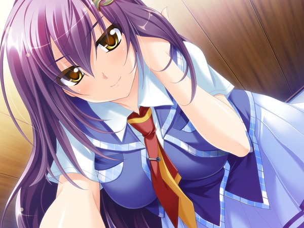 Anime picture 1600x1200 with koisuru koto to mitsu ketari! (game) long hair smile yellow eyes game cg purple hair girl uniform hair ornament school uniform