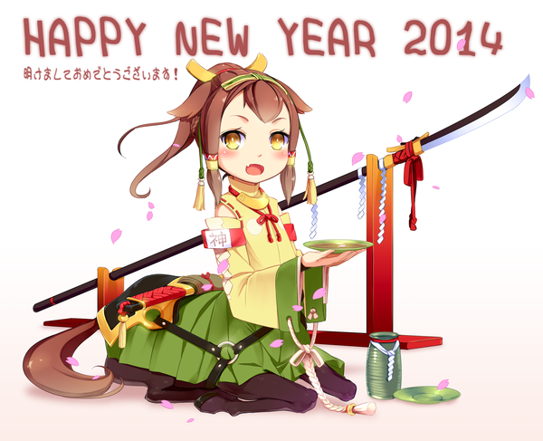 Anime picture 1848x1500 with original blvefo9 long hair looking at viewer blush highres open mouth simple background brown hair white background yellow eyes traditional clothes gradient background pink background new year 2014 girl hair ornament weapon animal