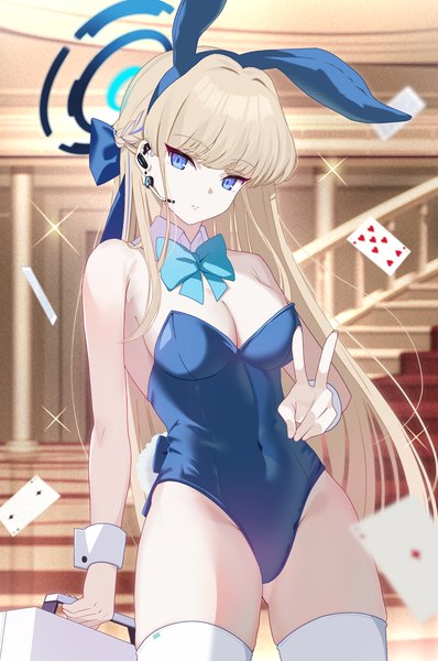 Anime-Bild 2070x3123 mit blue archive toki (blue archive) toki (bunny) (blue archive) mishiro (ixtlolton) single long hair tall image looking at viewer fringe highres breasts blue eyes light erotic blonde hair large breasts standing bare shoulders animal ears tail blunt bangs