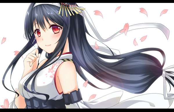 Anime picture 1313x848 with kantai collection fusou battleship hasu (velicia) single long hair looking at viewer blush black hair red eyes white background traditional clothes girl ribbon (ribbons) hair ribbon detached sleeves petals hairband